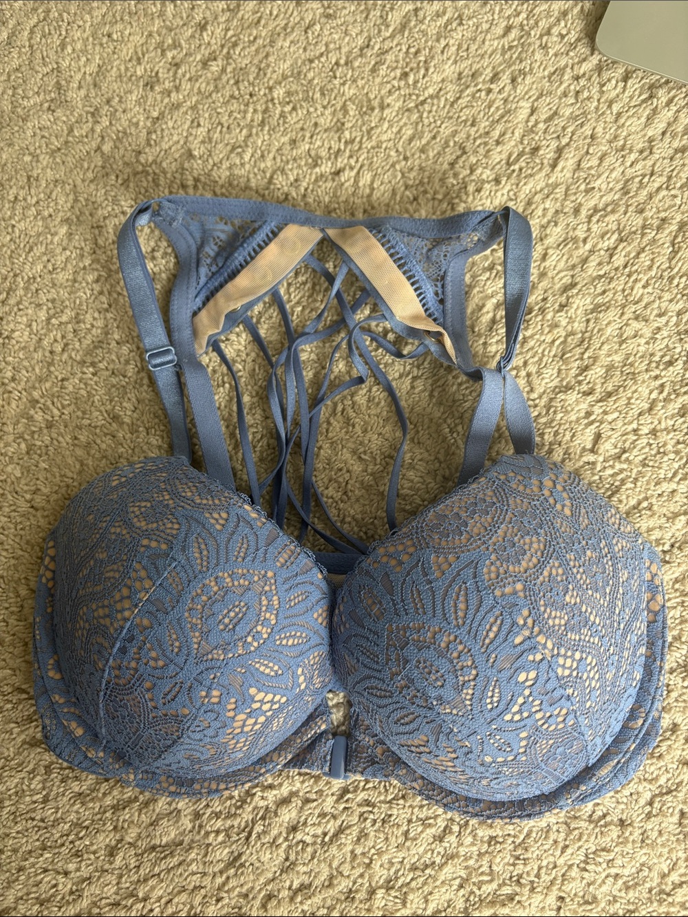 Victoria's Secret Dusty Blue Lace Push-Up Bra with Strappy Back
